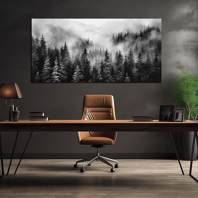 Large Pictures for Living Room Foggy Forest Canvas Wall Art for Bedroom Black Home Office Wall Decor 29 x 59 Inch-Ruum Studio Home