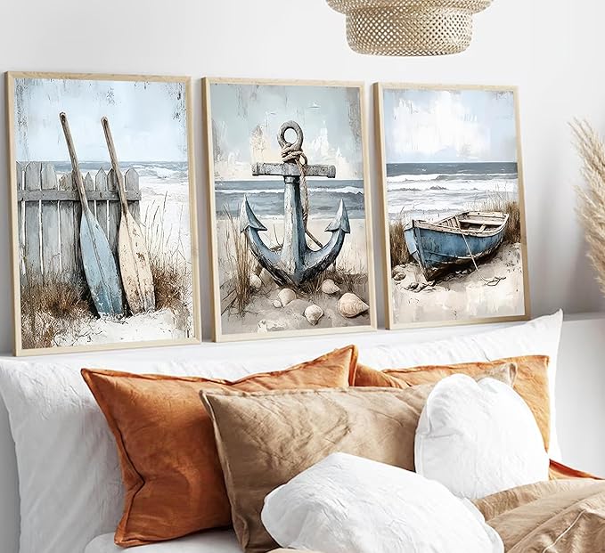 3Pcs Nautical Beach Wall Art Sailboat Paddle and Anchor Paintings Pictures Wall Decor Nautical Coastal Posters Prints Artwork for Living Room Bedroom Home Office Corridor Home Decroation Unframed-Ruum Studio Home