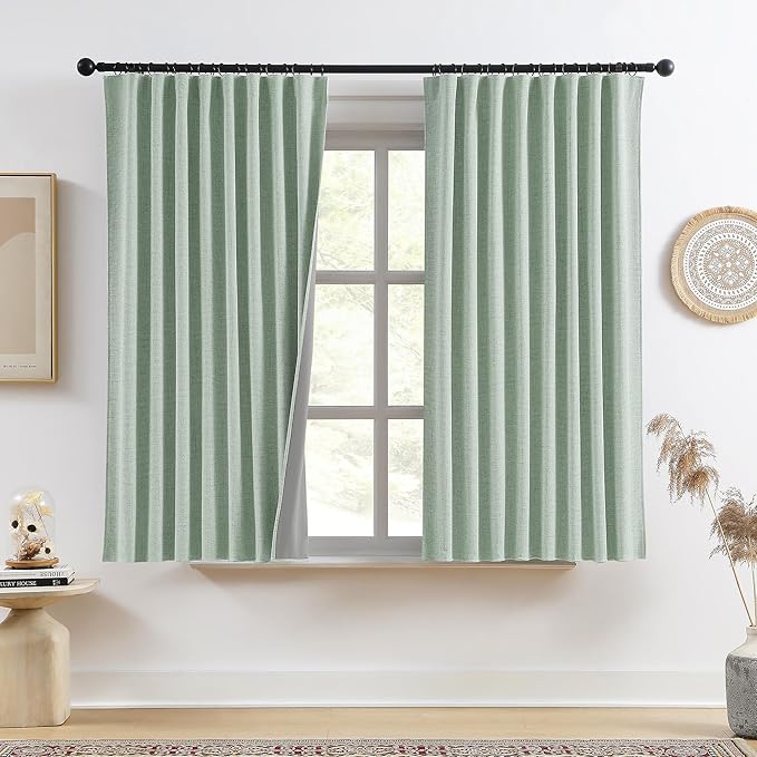 RAIN CITY Light Green Linen Blackout Curtains 63 Inch Long for Living Room,2 Panels Pinch Pleated Drape with Hooks Back Tab Boho Decor, Textured Full Black Out Curtains for Bedroom 50 x 63-Ruum Studio Home