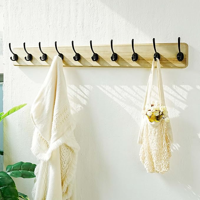 Dseap Coat Rack Wall: 38-1/4" Long, Patented, Heavy-Duty, 10-Double-Hooks Wooden Wall Mounted Coat Rack Coat Hanger Hook Rail for Winter Coats Hat Jacket Clothing, Light Brown, Pack of 2-Ruum Studio Home