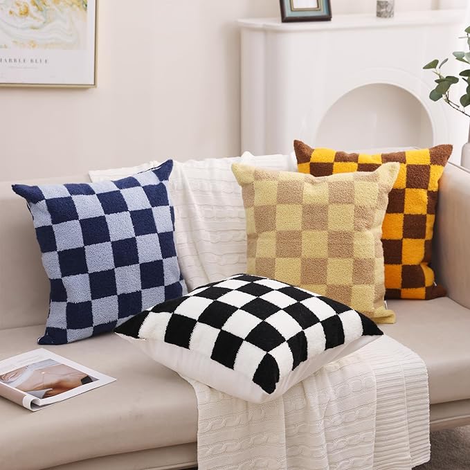 Alysheer Checkered Embroidered Decorative Throw Pillow Covers 18"x 18" Set of 2, Classic Chic Navy Blue Plaid Tufted Patterned Cotton Canvas Cushion Case for Sofa Couch Bed Living Room-Ruum Studio Home