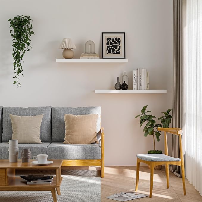 Floating Wood Shelves for Wall 36 Inches x 8”x 1.4” Shelf Floating Home Decor, Heavy Duty Shelf Hold 80 lbs, Wall Shelves for Bathroom Living Room Kitchen Bedroom Office - Set of 2 White-Ruum Studio Home