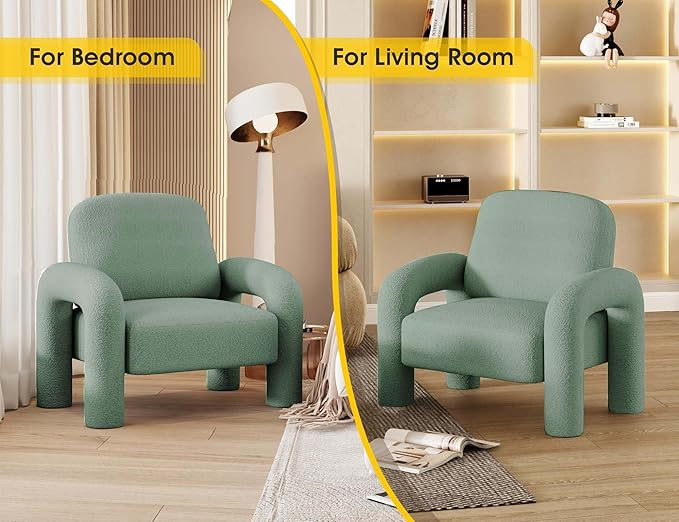 Modern Sherpa Accent Chair, Teddy Upholstered Arm Single Sofa, Cozy Fluffy Reading Chair for Living Room, Bedrooms, Corner (Mint Green)-Ruum Studio Home