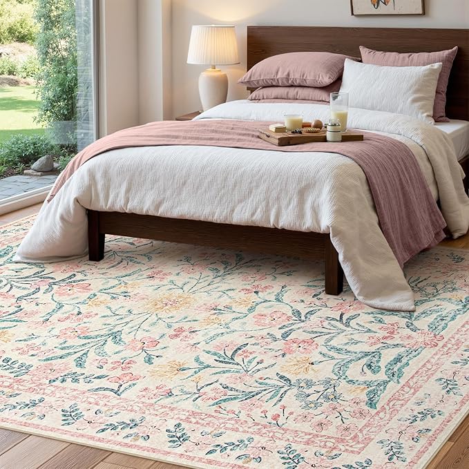 Wonnitar Washable Area Rug 6x9, Pink Floral Rugs for Bedroom Girls Soft Living Room Carpet Ultra-Thin, Boho Non Slip Non-Shedding Pastel Nursery Carpet for Kids Room Playroom Dorm-Ruum Studio Home