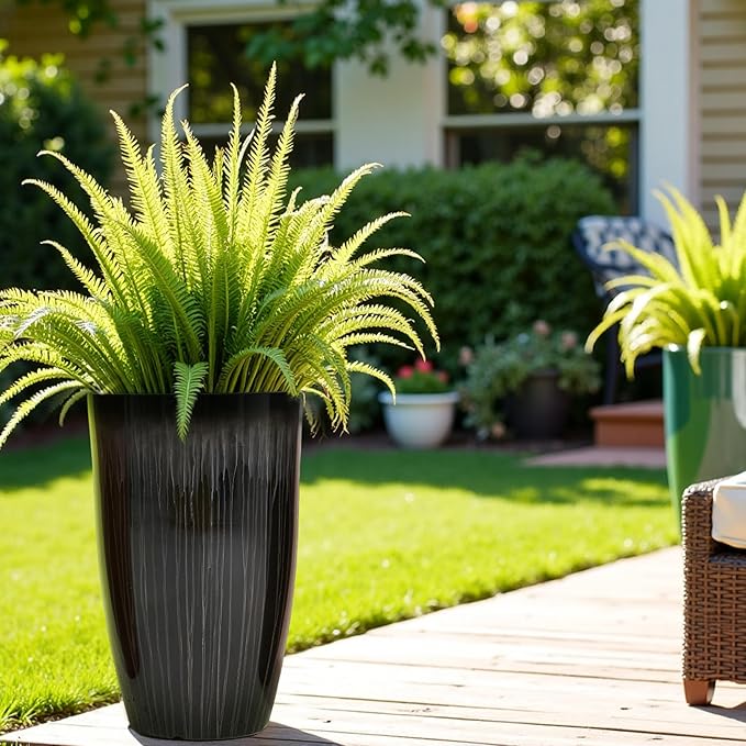 Worth Garden 23.5" H. Large Plastic Planters - Set of 2 Gradient Black Glossy Smooth Finish - Tall Plant Pots for Indoor & Outdoor Use - Decorative Lightweight Flower Pots for Front Porch, Patio, Deck-Ruum Studio Home