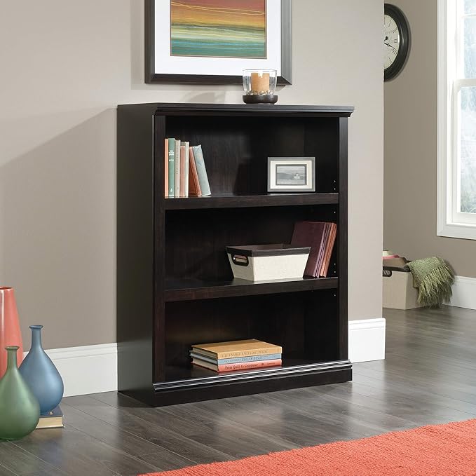 Sauder 3 Tier Book Shelf Wooden Bookcase Multipurpose Bookshelf for Home Office, Living Room, in Estate Black-Ruum Studio Home