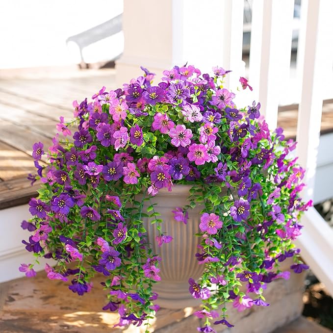 Artificial Faux Hanging Flowers Plants for Spring Outdoor Outside Decoration, 2 PCS Fake Silk Daisy with Eucalyptus UV Resistant Realistic Trailing Vines for Balcony Patio Porch (Darkpurple+Purple)-Ruum Studio Home