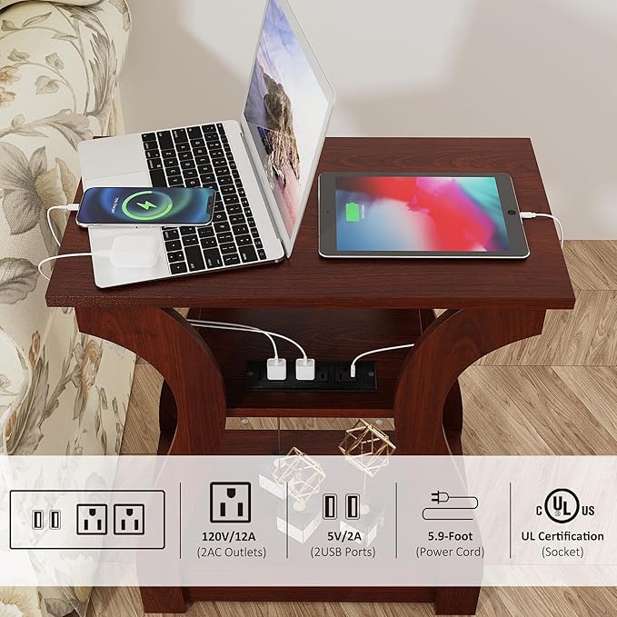 End Tables Living Room, Cherry End Table with Charging Station, Nightstand for Bedroom, 3 Tier End Table with Storage Shelf for Living Room(Cherry)-Ruum Studio Home