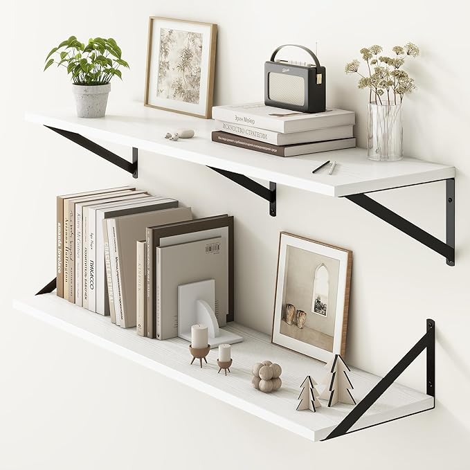 Fun Memories 40 Inch Floating Shelves, 10 Inch Deep Wall Shelf, 40 x 10 Floating Shelf Set of 2, White Wood Floating Shelf Wall Mounted, Large Kitchen Living Room Bedroom Storage Shelves-Ruum Studio Home