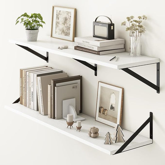 Fun Memories 40 Inch Floating Shelves, 10 Inch Deep Wall Shelf, 40 x 10 Floating Shelf Set of 2, White Wood Floating Shelf Wall Mounted, Large Kitchen Living Room Bedroom Storage Shelves-Ruum Studio Home
