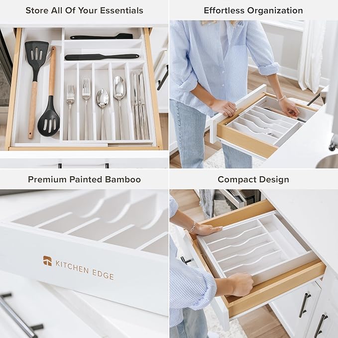 Premium Silverware, Flatware and Utensil Organizer for Kitchen Drawers, Food-Safe Contract Grade, Expandable from 10.5 to 19 In, White Bamboo-Ruum Studio Home