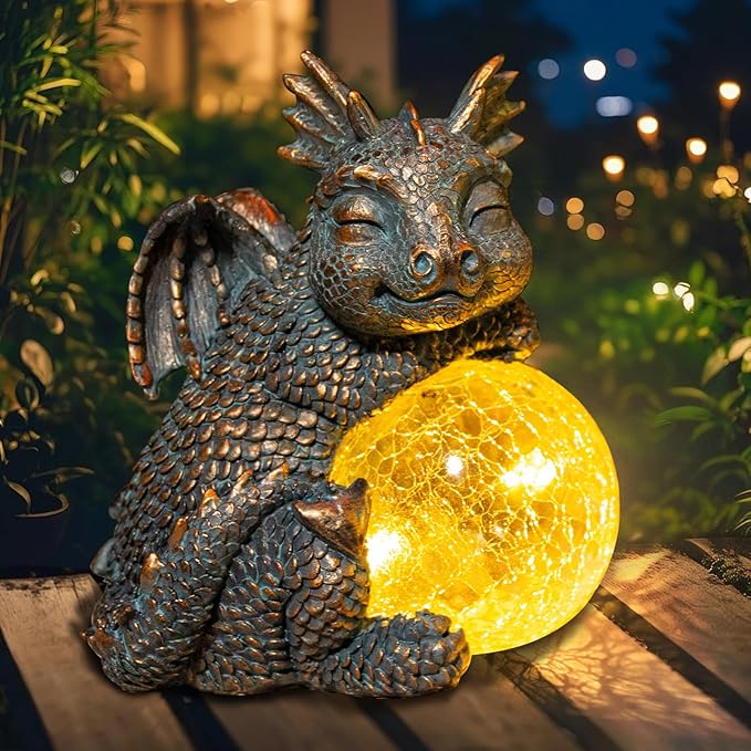 WONDER GARDEN Dragon Statue - Sleeping Dragon Figurines Solar Light Resin Garden Statues with Crackled Glass Globe Outdoor Waterproof Lawn Ornament Decor-Ruum Studio Home