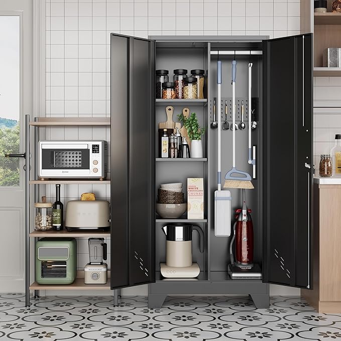 61" H Metal Storage Cabinet, Utility Cabinets with Locking Doors, Laundry Cabinet with Hanging Rod, Garage Tool Storage Cabinets for Home Office, Garage, Bathroom (Black)-Ruum Studio Home