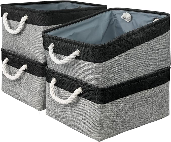 TcaFmac Storage Basket for Organizing - Large 4 Pack Canvas Decorative Storage Bins Baskets for Shelves with Ropes, Foldable Storage Cubes for Closet Cloth Toy Linen(Black & Grey 16x12x8 inch)-Ruum Studio Home