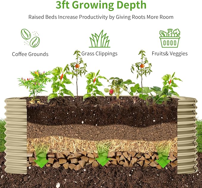 Land Guard 6x3x3ft Oval Galvanized Raised Garden Beds, Large-Capacity Metal Planter Box Outdoor, Durable Deep Raised Garden Bed 3ft Tall, Raised Beds for Gardening Vegetables, Cream Yellow-Ruum Studio Home
