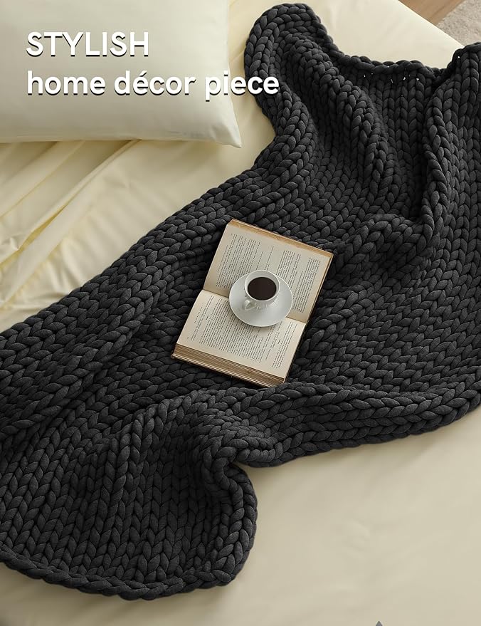 YnM Chunky Throw Blanket, Medium-Weight, Hand Knitted, Skin Friendly, Ventilated and Breathable, Machine Washable, Home Décor Piece for Couch, Sofa and Bed (Charcoal Grey, 60x80 Inch)-Ruum Studio Home