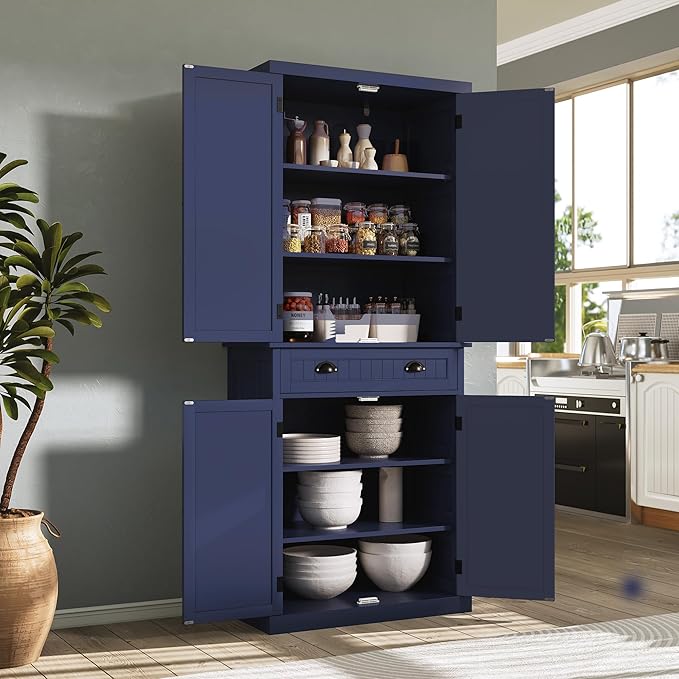 ARTPOWER 72" Tall Kitchen Pantry Storage Cabinet with Drawer and Adjustable Shelves, Pantry Cabinet for Kitchen, Bathroom or Hallway, Blue-Ruum Studio Home