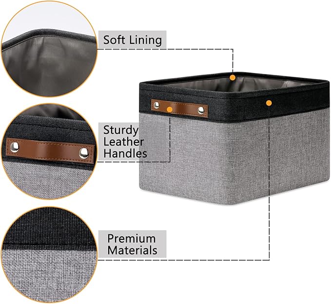 DULLEMELO Canvas Storage Bin with Handles, Fabric Bins for Shelves, Bedroom, Office,Nursery,Fabric Storage Baskets for Toys, Clothes,Gift(Black&Grey,15"x11"x9.5",4-Pack)-Ruum Studio Home