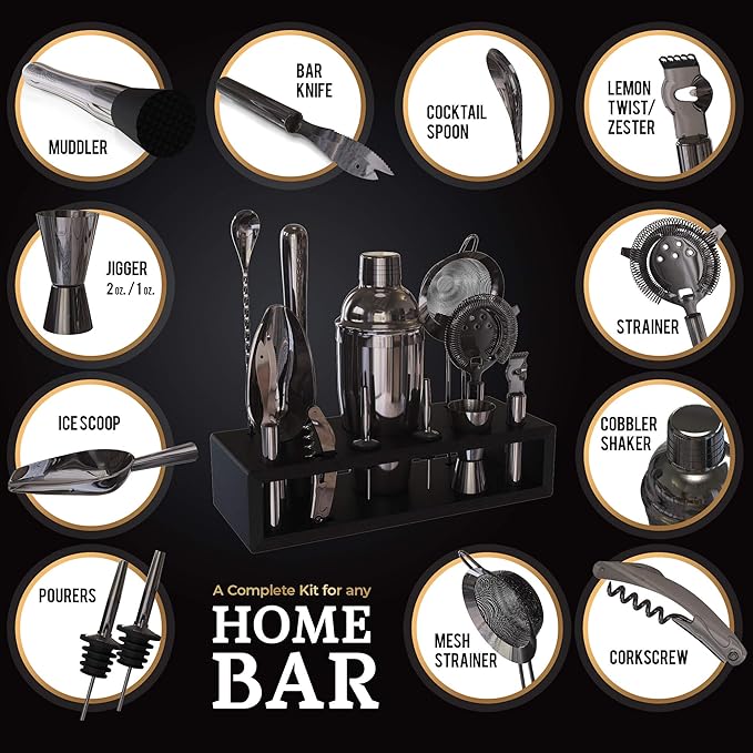 Highball & Chaser 13-Piece Cobbler Cocktail Shaker Set: Black Polished Stainless Steel Bartender Kit for Home Bar Set | Laser Engraved Tools Plus E-Book with 30 Recipes-Ruum Studio Home
