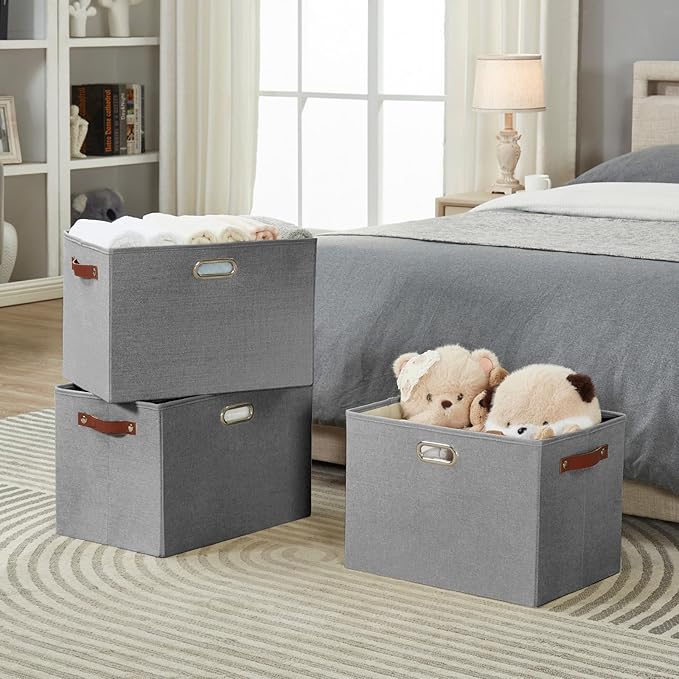 3-Pack Foldable Fabric Storage Bins with Durable PU & Metal Handles, Collapsible Storage Baskets for Shelves, Home Storage, Closet Organizers, Living Room(17"x11.8"x11.8", Grey)-Ruum Studio Home