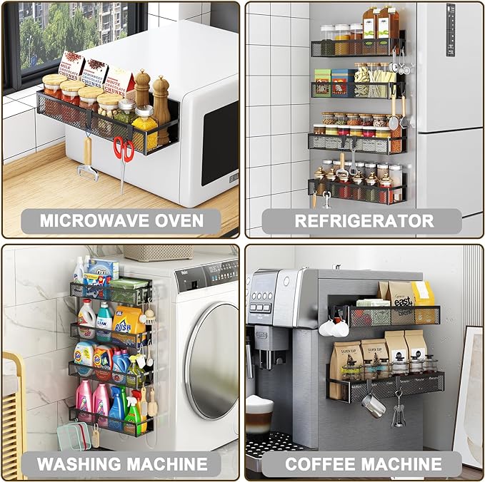 Magnetic Spice Rack for Refrigerator, 6 Pack Magnetic Shelf, Fridge Magnet Organizer with Moveable 12 Hooks, Magnetic Fridge Shelf for Kitchen Organization and Storage (6 Pack)-Ruum Studio Home