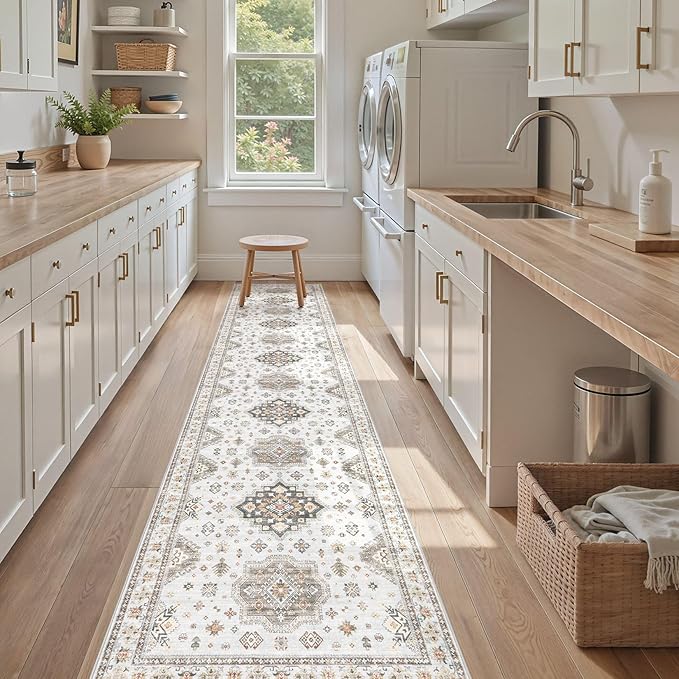 Washable 2.6x12 Runner Rug - Area Rugs Neutral Vintage Distressed Floral Farmhouse Boho Large Soft Floor Rug Indoor Carpet for Hallway Entryway Kitchen Home - Blue Brown-Ruum Studio Home
