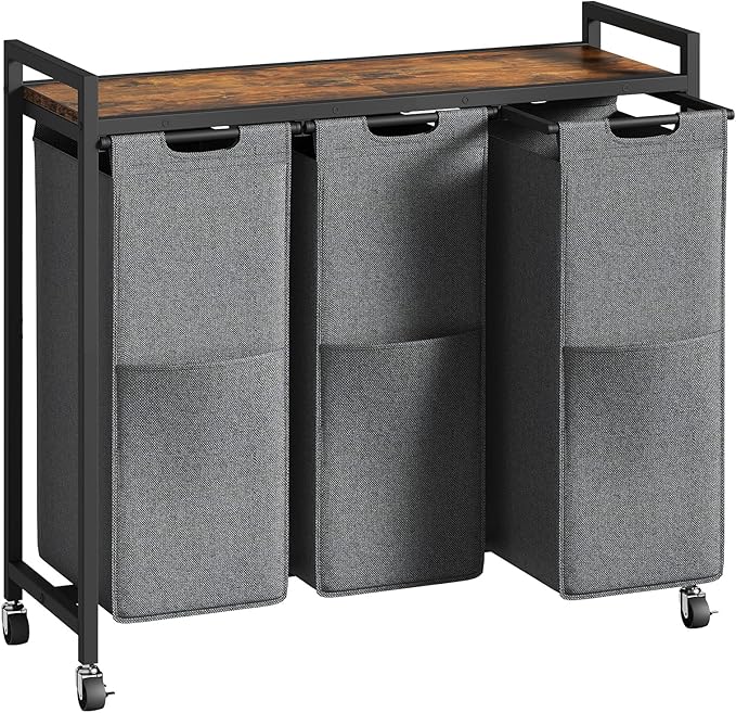 HOOBRO Laundry Sorter 3 Section, Laundry Hamper with Wheels, 3 × 11.5 Gal (43.4L), Rolling Laundry Basket, Pull-Out and Removable Oxford Fabric Laundry Bags, Rustic Brown and Grey BFG76XY01-Ruum Studio Home