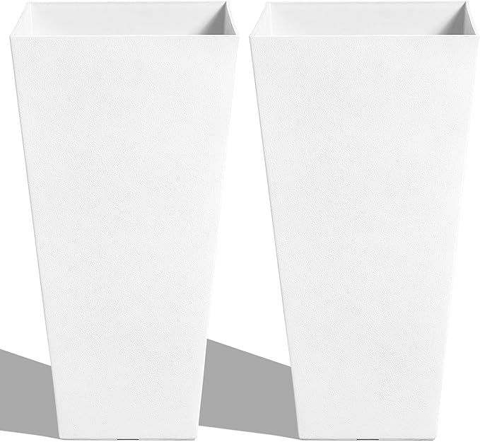 Worth Garden 2-Pack White Matte Texture Square Tapered Planter - 25.5" H. Tall Plastic Plant Pots with Drain Hole for Indoor Outdoor - Modern Decorative Flower Pots for Front Porch, Patio, Deck-Ruum Studio Home