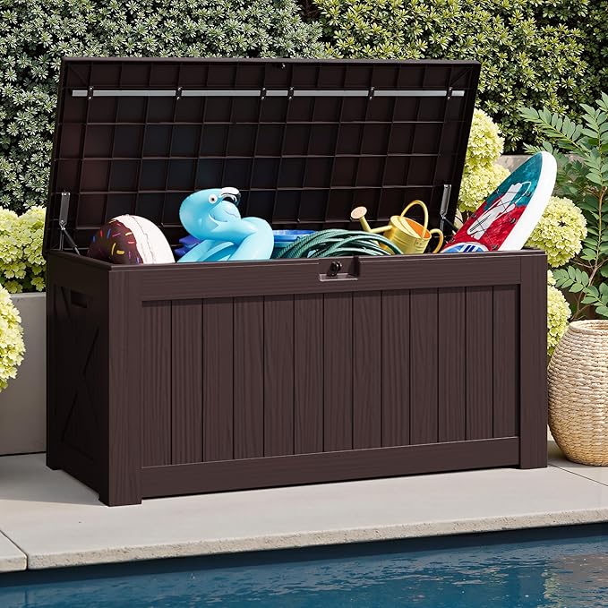 JUMMICO 120 Gallon Resin Deck Box, Large Outdoor Storage Box Waterproof & Lockable for Garden, Patio, Pools (Deep Brown)-Ruum Studio Home