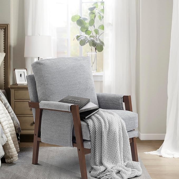 Modern Accent Chair for Living Room Mid Century Arm Chair Upholstered Bedroom Chair Comfy Lounge Chair with Solid Wood Frame, Grey-Ruum Studio Home