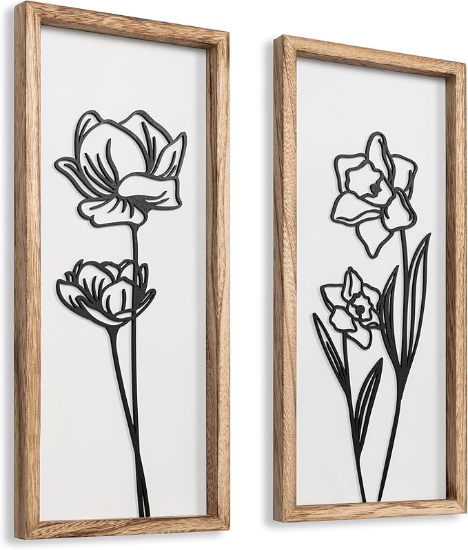 3D Black and White Wall Art (Set of 2) Lightweight, Wooden Ready-to-Hang Framed Floral Wall Art for Bathroom, Bedroom, Living Room or Office – Boho Botanical Farmhouse Decor – Gift-Boxed-Ruum Studio Home