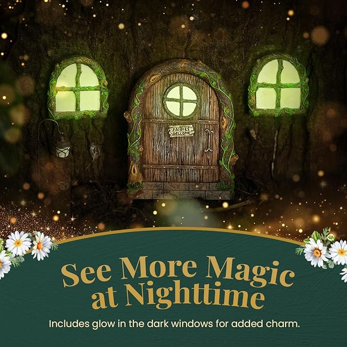 Fairy Door and Windows – Glow in The Dark Yard Art Sculpture Decoration for Kids Room, Wall and Trees Outdoor | Miniature Garden Outdoor Decor Accessories with Bonus Fairy Lantern-Ruum Studio Home