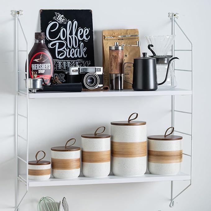 Ceramic Jar with Lid, Coffee Container Kitchen Food Storage Jars for Spice Sugar Tea Bag, Stackable Decorative Jars for Countertop, White & 18oz-Ruum Studio Home
