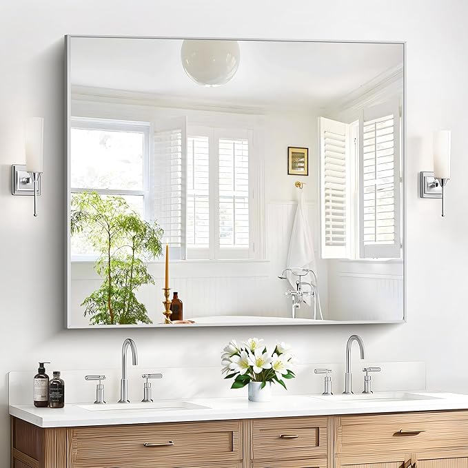 40x48inch Silver Bathroom Mirror, Silver Rectangle Mirror with Frame, Large Rectangular Wall Mirrors for Bathroom, Living Room, Hair Salon, Big Farmhouse Mirror Hang Horizontal/Vertical-Ruum Studio Home