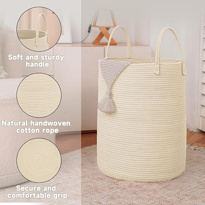 Large Woven Laundry Basket Hamper,100L Cotton Rope Storage Bin for Blankets,Toys and Clothes,Decorative Tall Nursery Hamper for Living Room,Baby Nursery,Bathroom and Bedroom,Beige-Ruum Studio Home