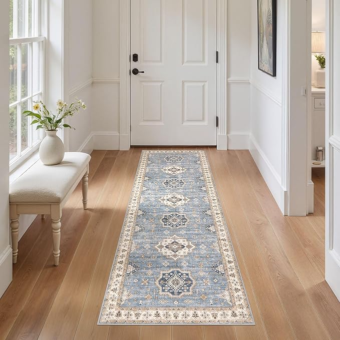 Washable 2x6 Runner Rug - Area Rugs Neutral Vintage Distressed Floral Farmhouse Boho Large Soft Floor Rug Indoor Carpet for Hallway Entryway Bedroom Kitchen - Blue-Ruum Studio Home