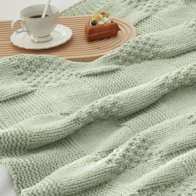 Amélie Home Chenille Knit Throw Blanket for Couch, Checkered Texture Decorative Soft Blanket for Sofa, Bed & Living Room, 50"x60", Sage Green-Ruum Studio Home