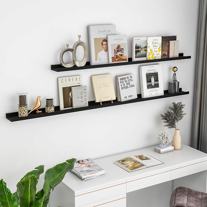 Solid Ash Wood Floating Shelves, Wood Picture Ledge Shelf Set of 2, 48 Inch Long Large Photo Ledge Shelves, Nursery Book Shelves Wall Mounted for Living Room Kids' Bedroom Decor, Black-Ruum Studio Home