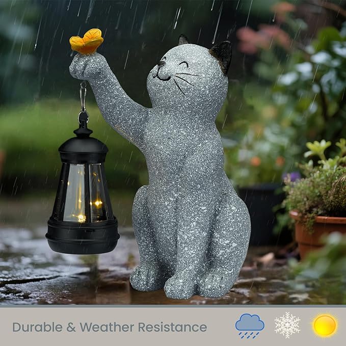 Solar Cat Garden Statue Outdoor Decor, Cat Sculpture with Lantern and Butterfly for Yard Lawn Patio Balcony, Birthday Housewarming Gifts for Mom, Grandma, Women, 9.4 inch, Resin-Ruum Studio Home