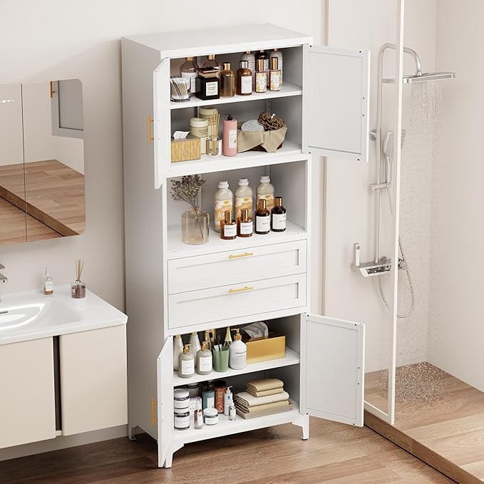75” Tall Kitchen Pantry Storage Cabinet, Metal Bathroom Storage Cabinet with 2 Drawers and Adjustable Shelves, Kitchen Pantry Cupboard, Freestanding Cupboard for Bathroom, Living Room (White)-Ruum Studio Home