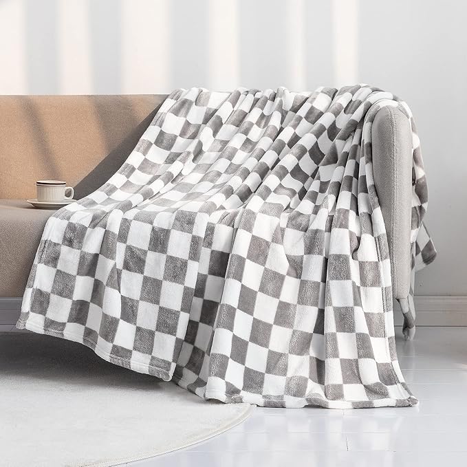 LOMAO Throw Blankets Flannel Blanket with Checkerboard Grid Pattern Soft Throw Blanket for Couch, Bed, Sofa Luxurious Warm and Cozy for All Seasons (Grey, 50"x60")-Ruum Studio Home