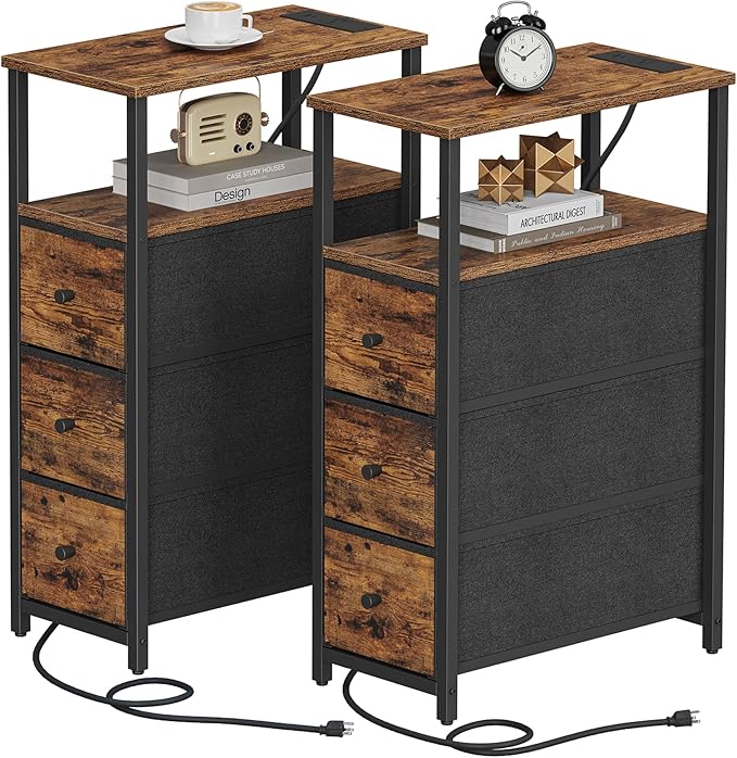 TUTOTAK Narrow Night Stand with Charging Station, Slim End Table with Plugins, Tall Side Table with 3 Fabric Drawer, Small Bedside Table with Storage, Set of 2, Living Room, Bedroom, Brown TB01BB073-Ruum Studio Home