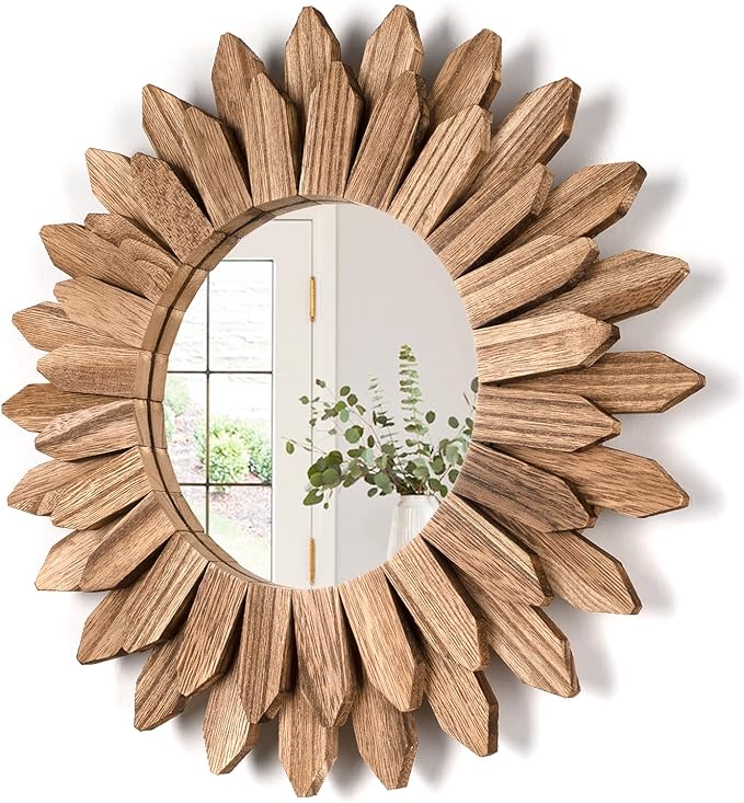 Honiway Wall Mirror Decorative 12 inch Rustic Wood Mirror Sunburst Boho Mirror for Entryway Bedroom Living Room Bathroom House Warming Gifts New Home Essential Carbonized Black-Ruum Studio Home