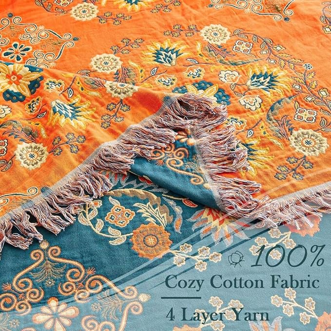 Boho Throw Blanket, 100% Cotton Ultra Soft Luxury Throw Rustic Quilt, 90"x98" Floral Printed Farmhouse Decor Bed Summer Blankets, All Season Rustic Reversible Bohemian Throw for Bed - Orange-Ruum Studio Home