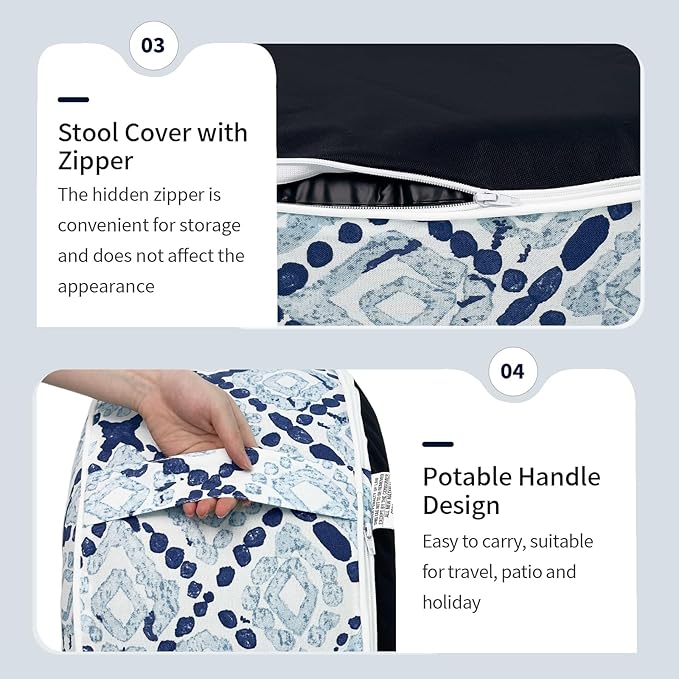 Inflatable Ottoman Stool D21 xH9 for Outdoor/Indoor Use, Water Repellent Patio Foot Rest with Portable Handle,Round Pouf Ottoman Suitable for Garden,Deck and Camping - Boho Geometry Blue-Ruum Studio Home