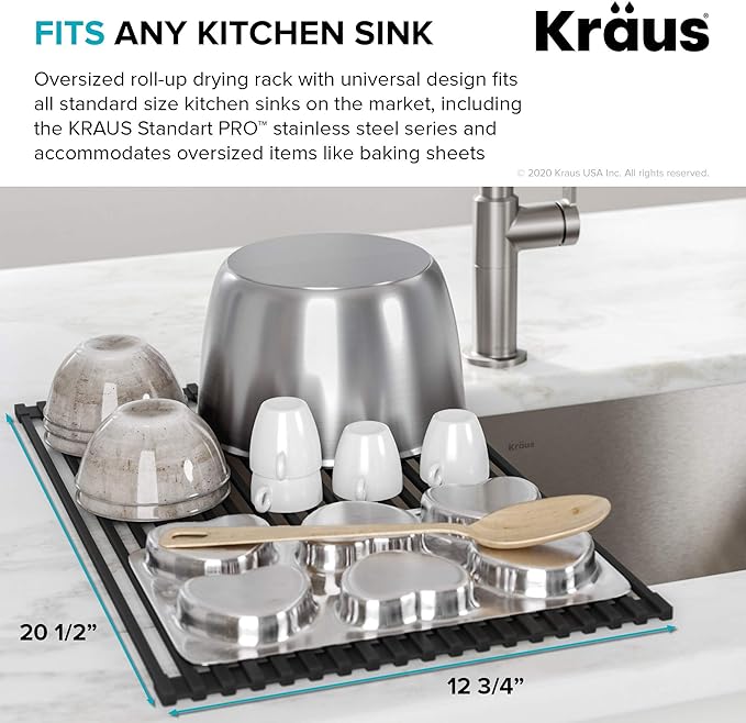 Kraus Multipurpose Over-Sink Roll-Up Dish Drying Rack, Colander and Trivet in Light Grey, KRM-10GREY-Ruum Studio Home