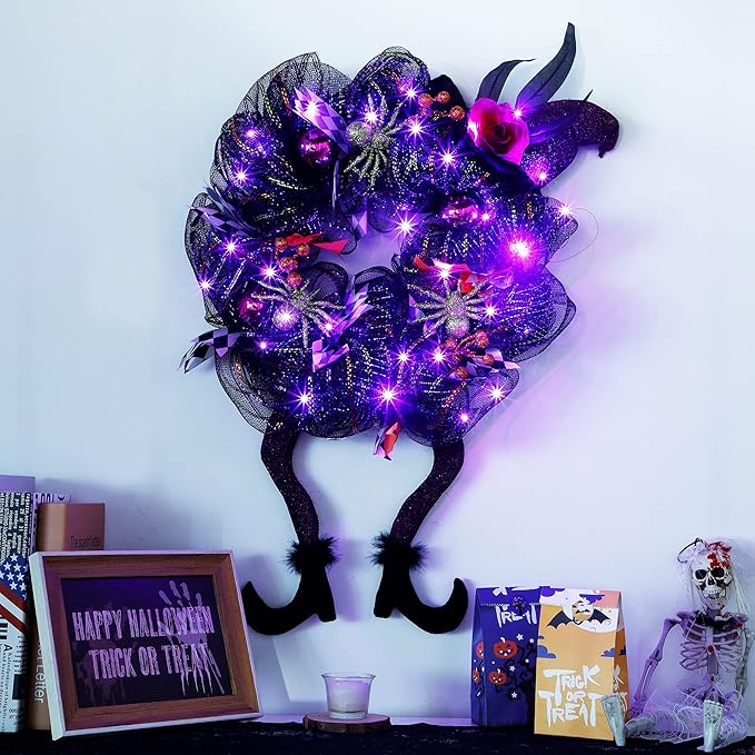 Lulu Home Halloween Front Door Wreath, Purple LED Lighted Witch Hat Wreath, Battery Operated, NOT PRELIT-Ruum Studio Home