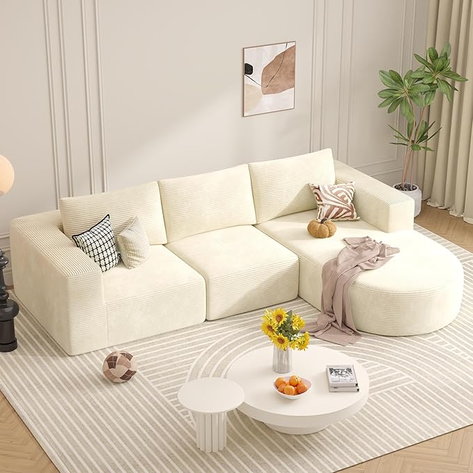 Modular Sectional Sofa with L-Shape Chaise,Cloud Sectional Modern Sleeper Couch with Deep Seat,Sponge Compression Sofas No Assembly Required(Beige-Corduroy Fabric) 1PCS-Ruum Studio Home