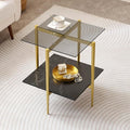 Glass End Table, Mid-Century Modern Design Sofa Table, for Living Room, L18 x W18 x H23 in, Clear Glass Top and Walnut MDF Shelf, Sleek Conical Metal Legs with Gold Finish Frame-Ruum Studio Home