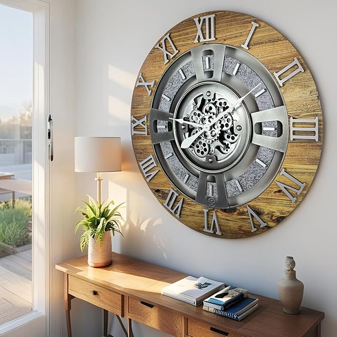 The Gears Clock Real Moving Gear Wall Clock England Line (Wood & Stone, 24 inches (60 cm))-Ruum Studio Home